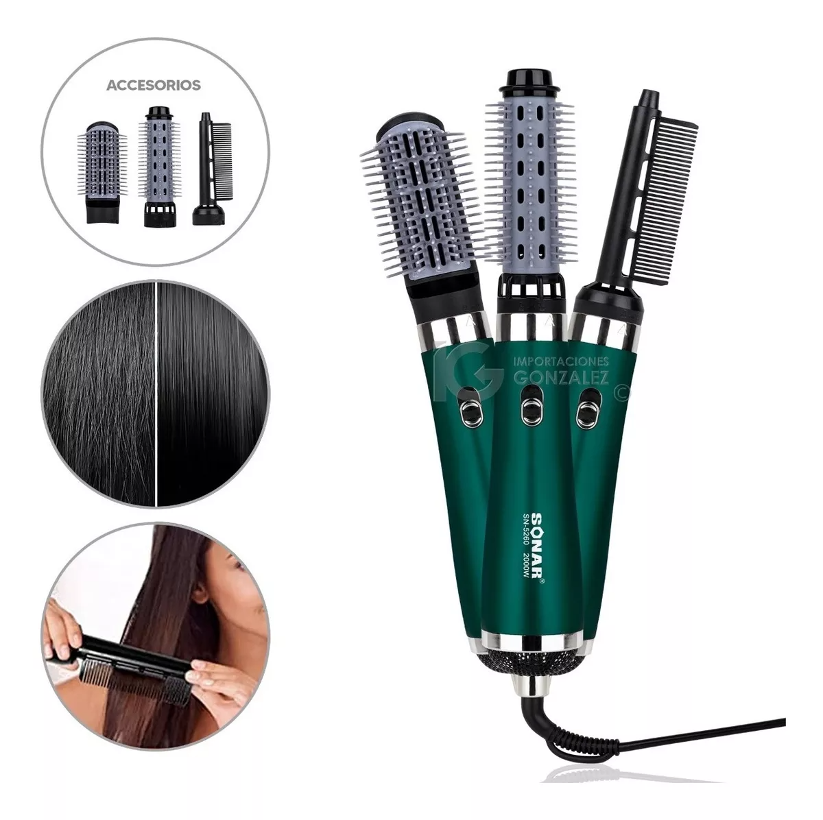 Cepillo Secador De Cabello Eléctrico Con Iones Sonar® 3 En 1 SN-5260