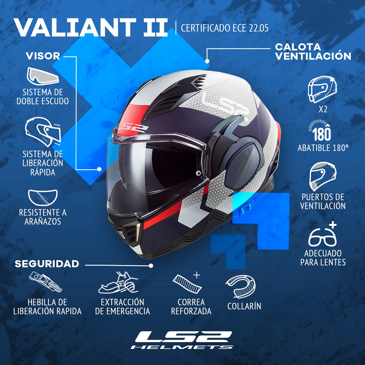 CASCO ABATIBLE LS2 VALIANT II REVO BLANCO ROJO
