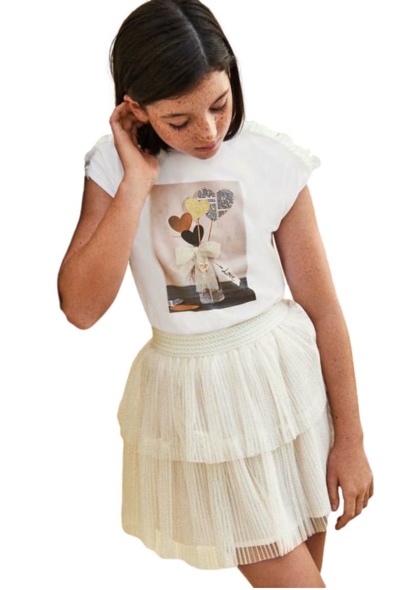 Conjunto playera manga corta con motivo estampado y falda plisada de tul para chica marca Mayoral