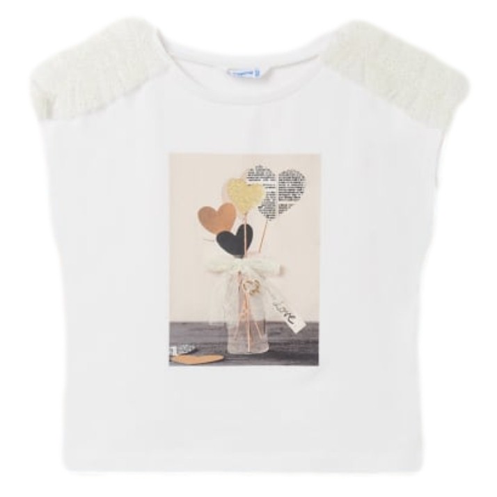 Conjunto playera manga corta con motivo estampado y falda plisada de tul para chica marca Mayoral