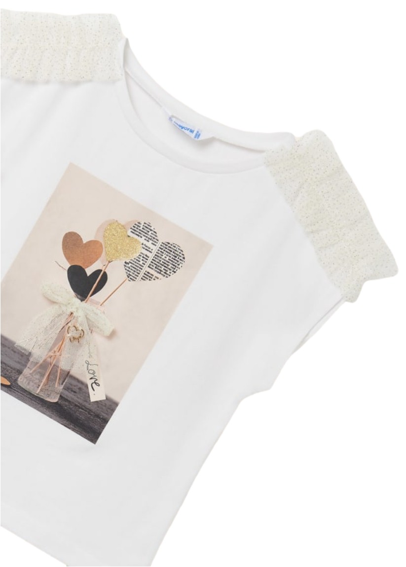 Conjunto playera manga corta con motivo estampado y falda plisada de tul para chica marca Mayoral