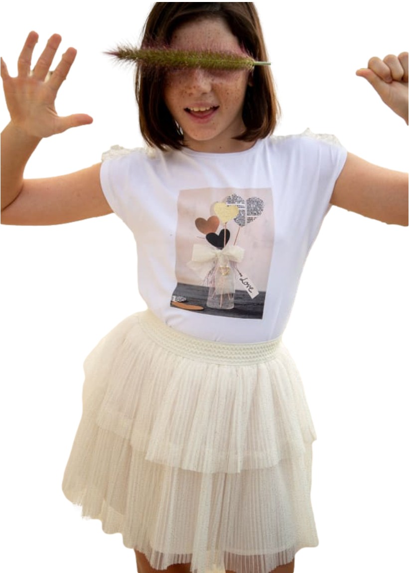 Conjunto playera manga corta con motivo estampado y falda plisada de tul para chica marca Mayoral