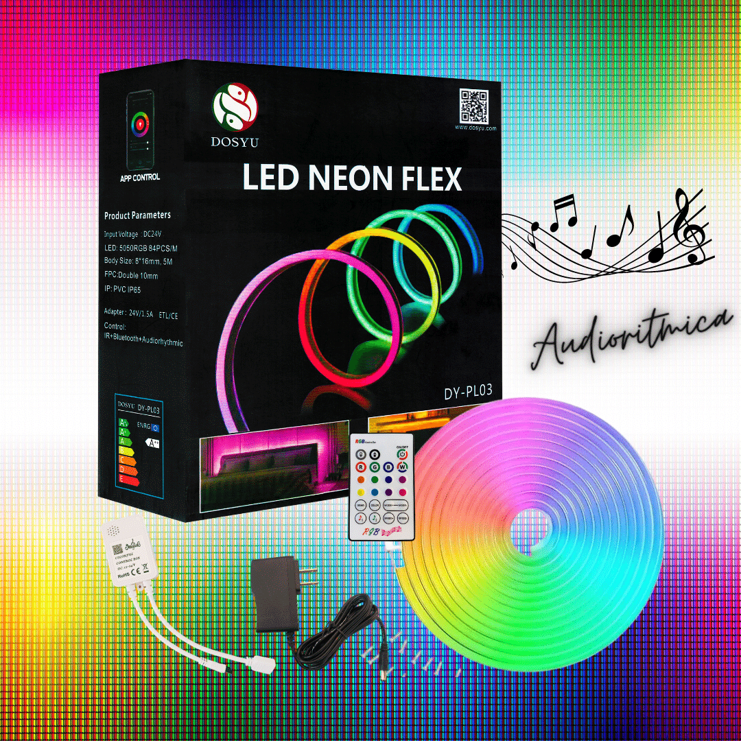 Pack de 5 tiras Leds Multicolor Neón Audio rítmica Con Control + App 5mts RGB DOSYU