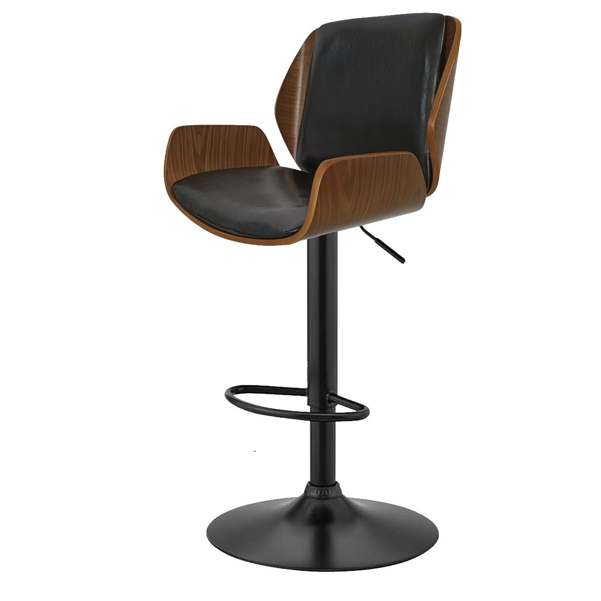 Banco Taburete Arw-B Base Negra Madera Ajustable Grupo Microtec Piston Barra Minimalista Moderno Cocina Bar Restaurante desayunador Piel PU Negro Chapa Nogal