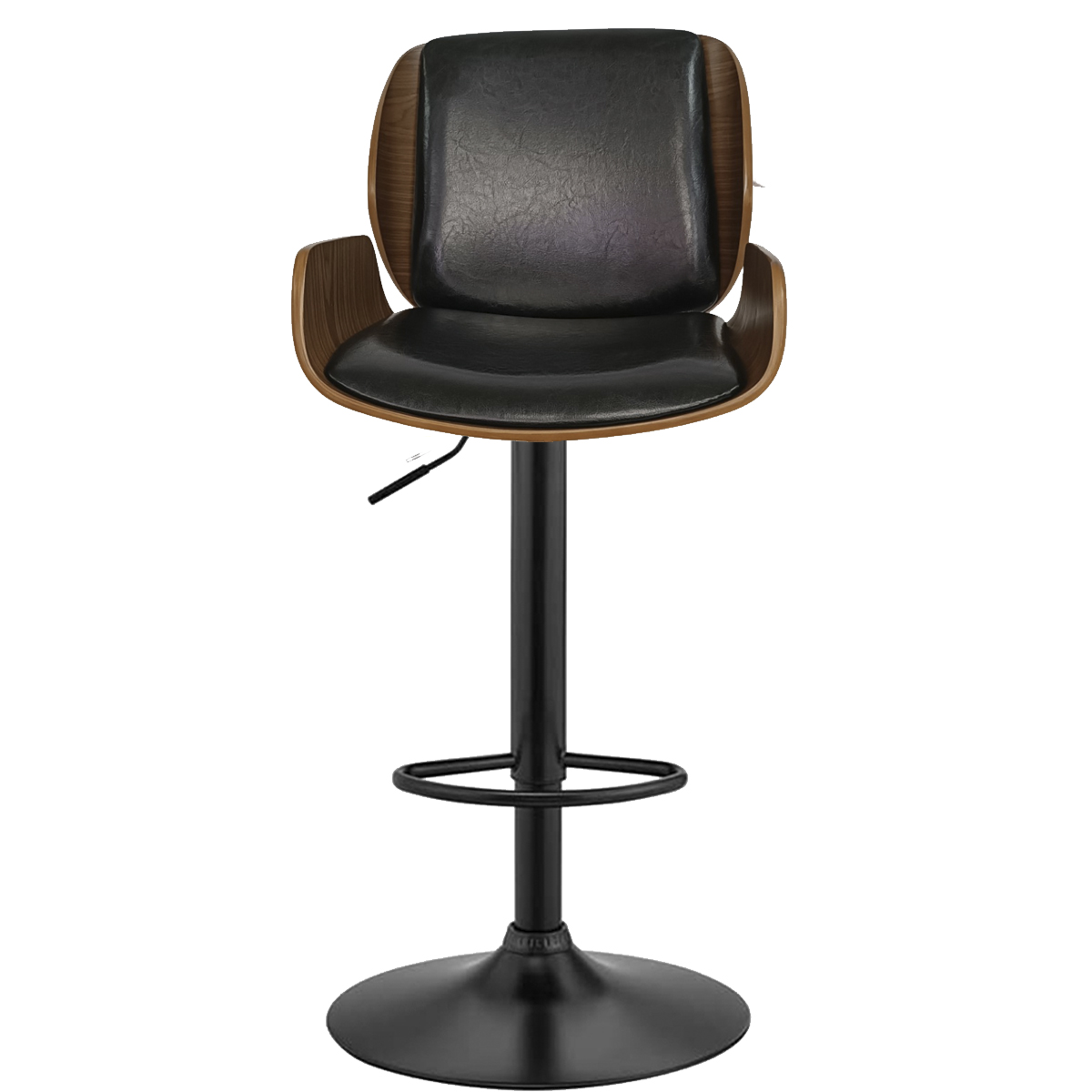 Banco Taburete Arw-B Base Negra Madera Ajustable Grupo Microtec Piston Barra Minimalista Moderno Cocina Bar Restaurante desayunador Piel PU Negro Chapa Nogal