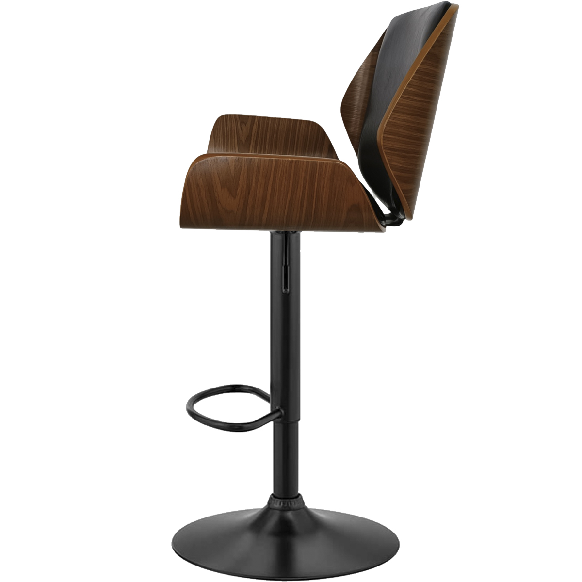 Banco Taburete Arw-B Base Negra Madera Ajustable Grupo Microtec Piston Barra Minimalista Moderno Cocina Bar Restaurante desayunador Piel PU Negro Chapa Nogal