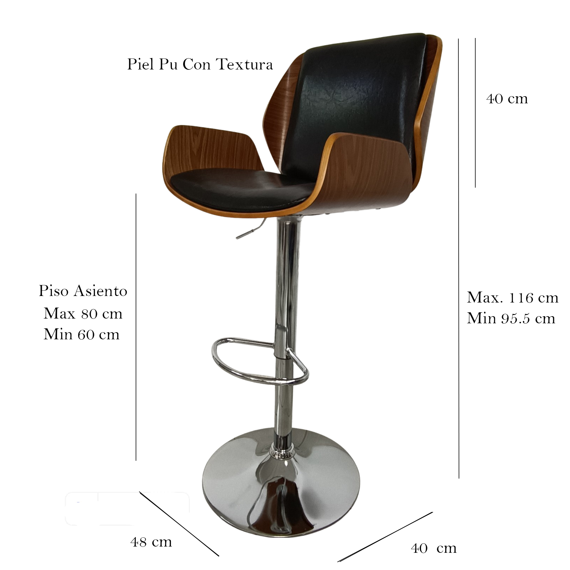 Banco Taburete Arw-B Base Negra Madera Ajustable Grupo Microtec Piston Barra Minimalista Moderno Cocina Bar Restaurante desayunador Piel PU Negro Chapa Nogal
