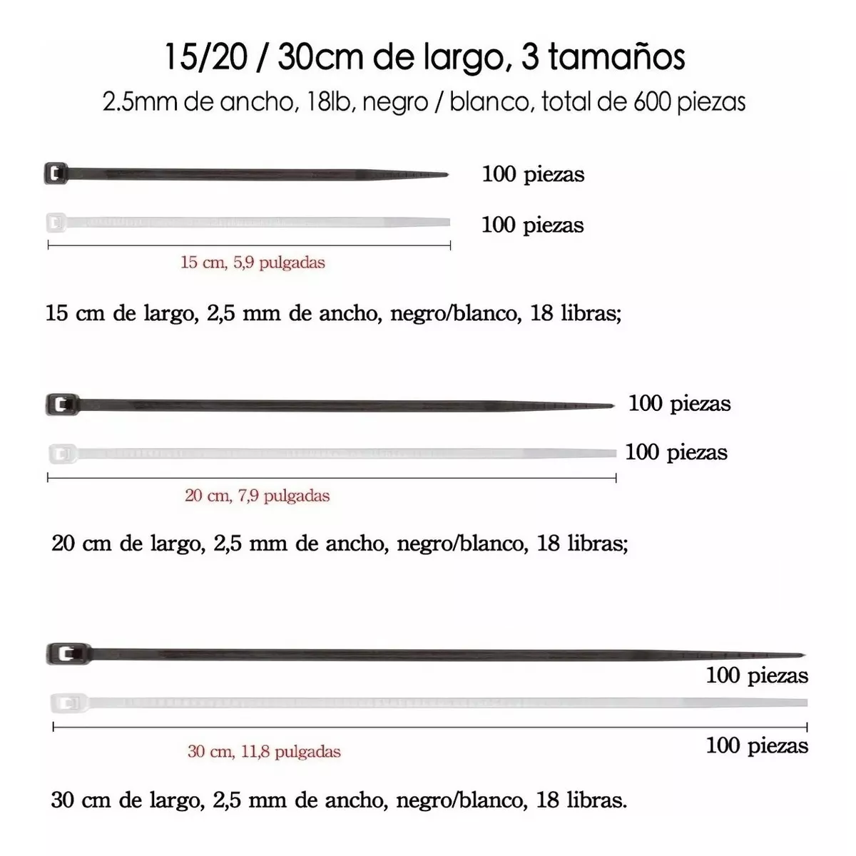 Set Cincho Plástico, Incluye 3 Tamaños,15,20,30cm,18lb, 600 Pzs