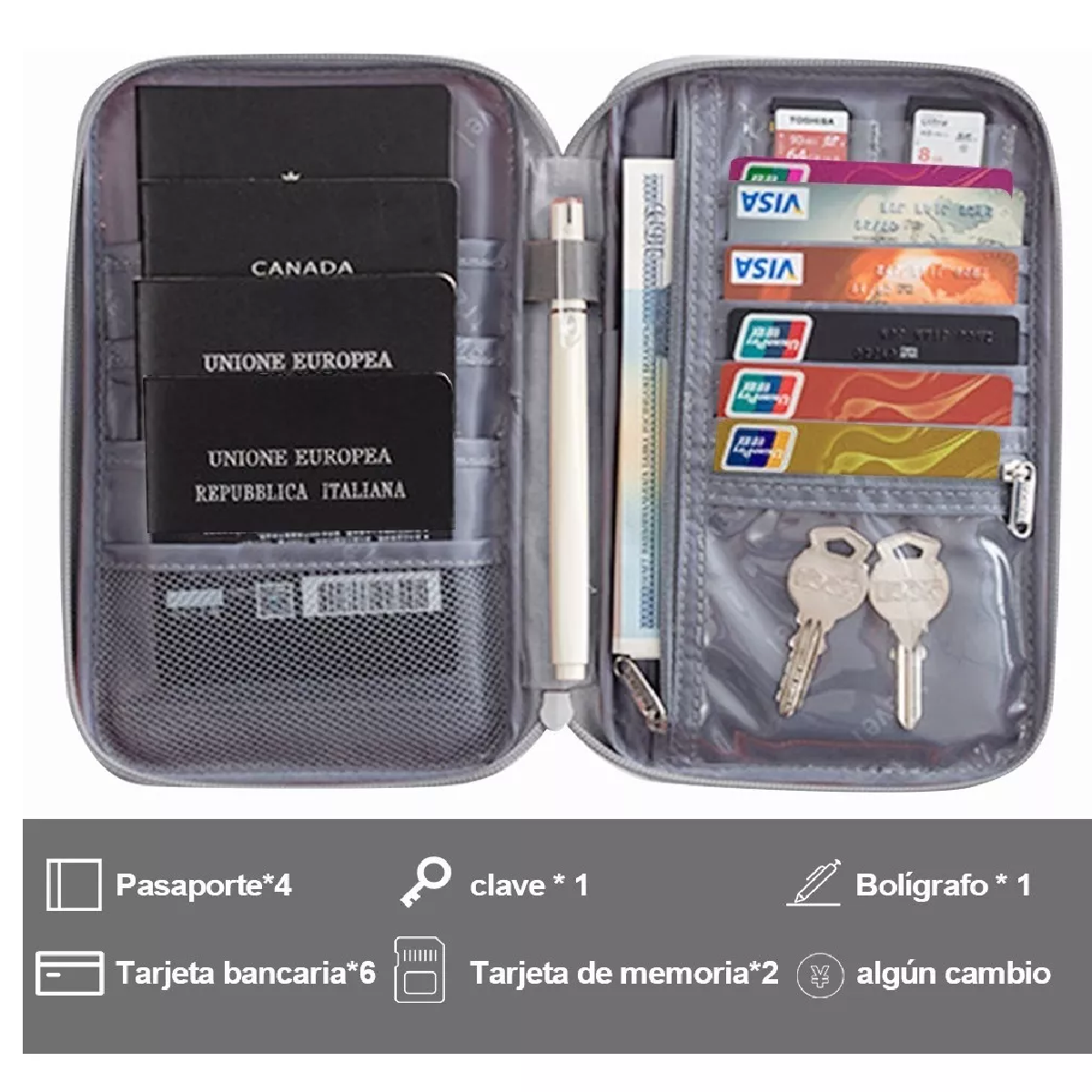 Cartera Porta Funda Pasaporte Documentos Visa Bolsa De Viaje Gris