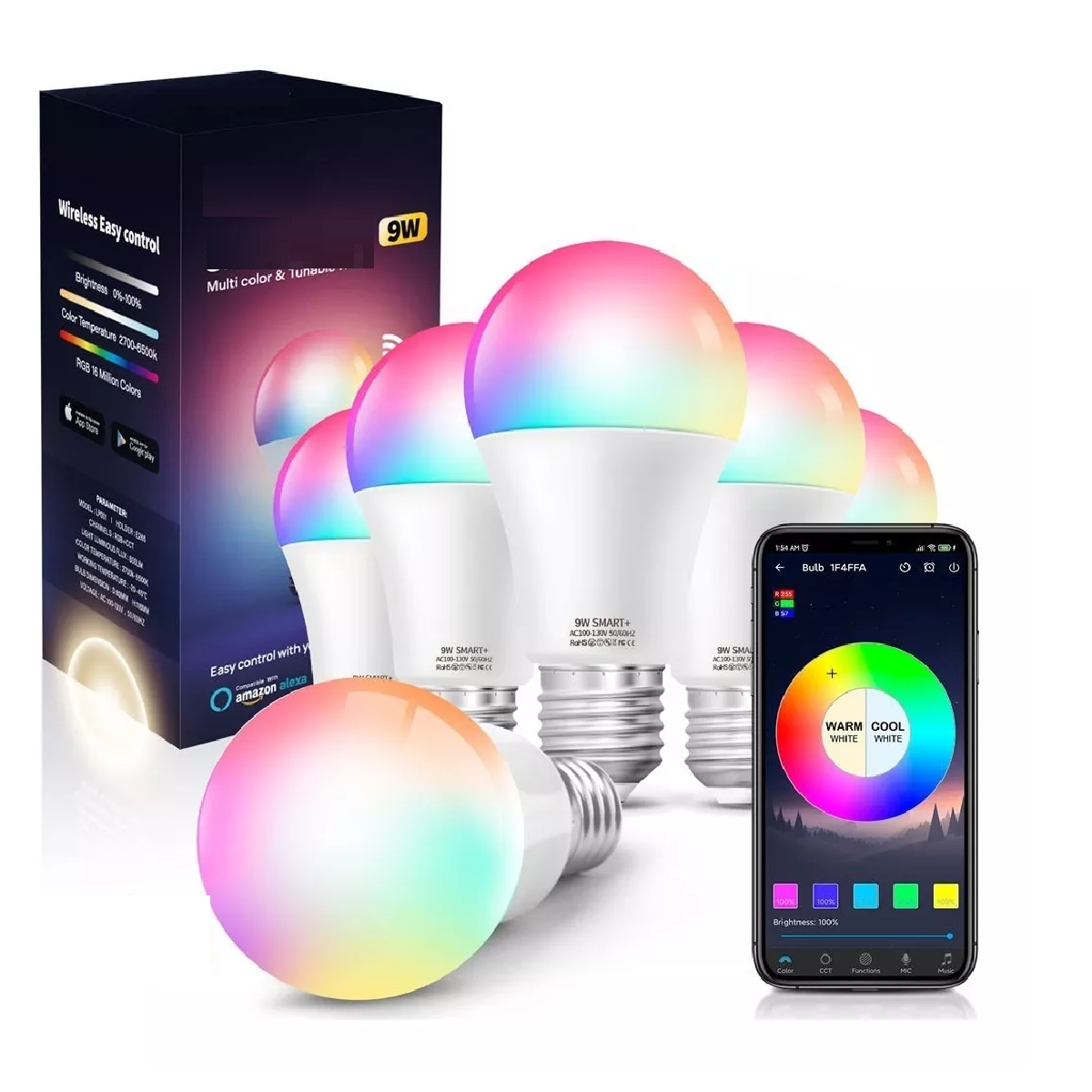 Set Foco Led Inteligente Rgbcw Wifi 9w Ajustable Multicolor*6 Pzas