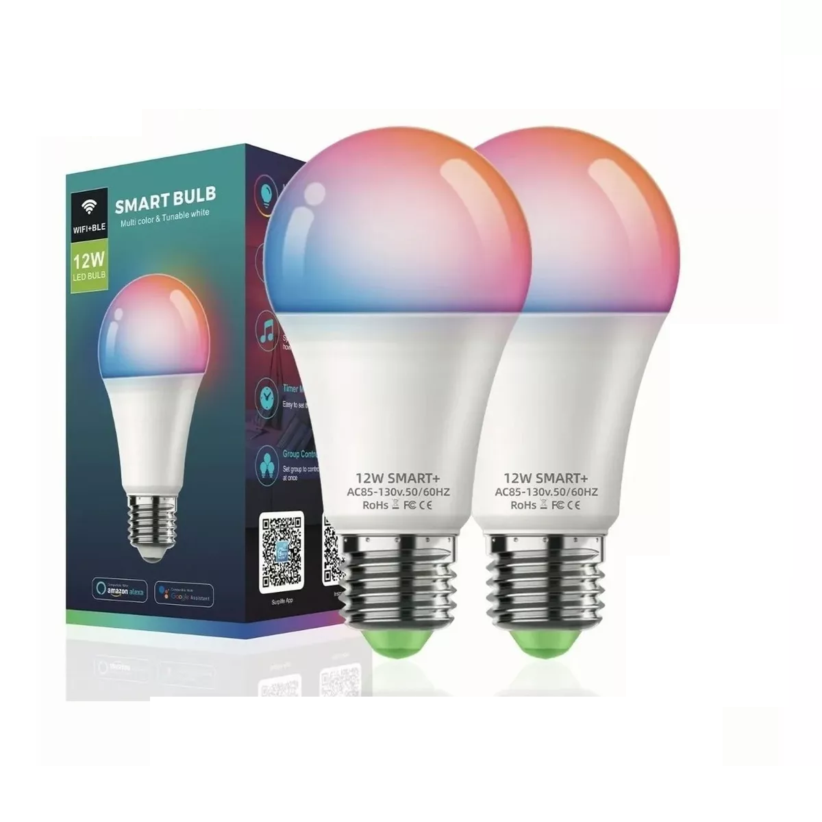 2 Focos Inteligentes Rgb Wifi Bombilla Alexa Google Siri 12w