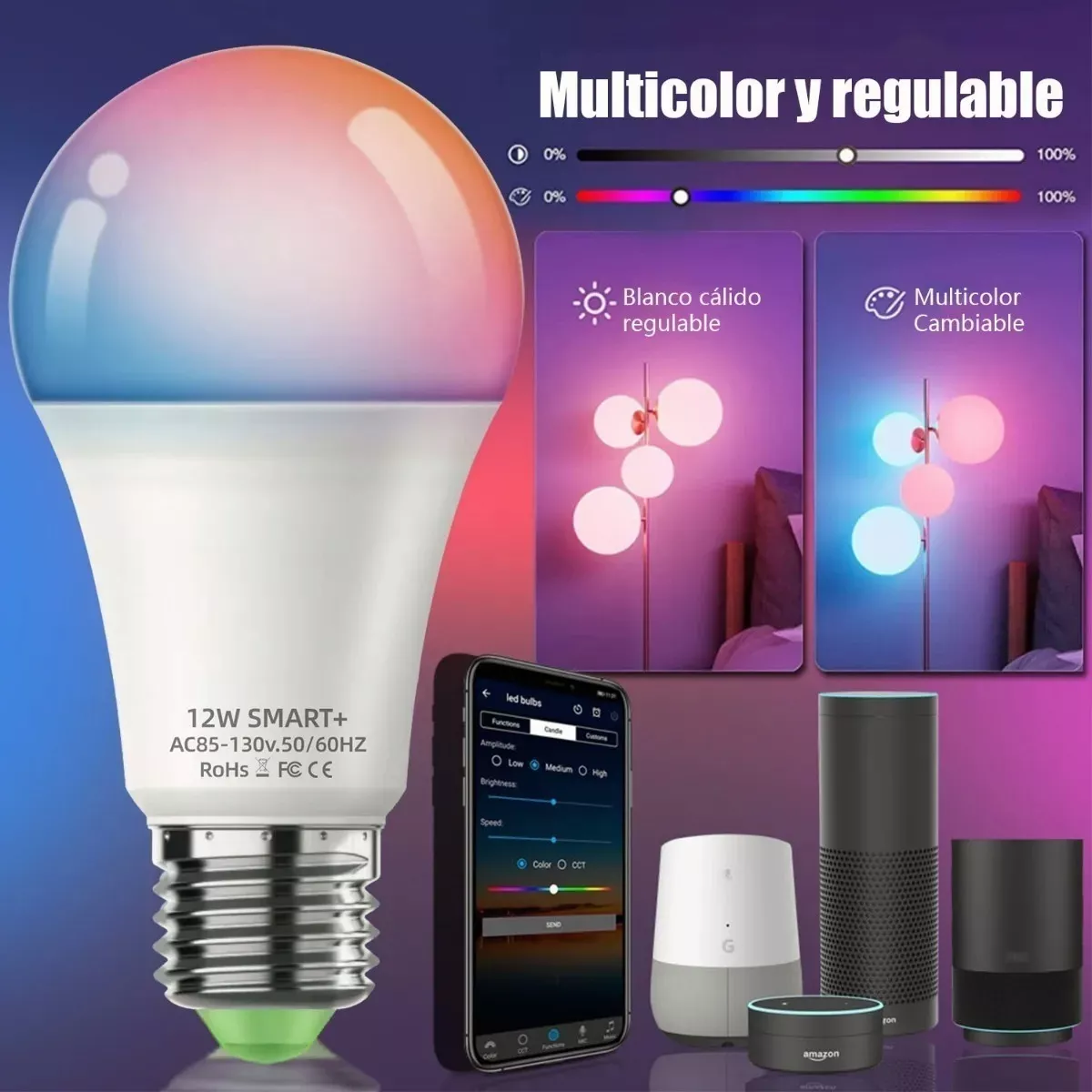 2 Focos Inteligentes Rgb Wifi Bombilla Alexa Google Siri 12w