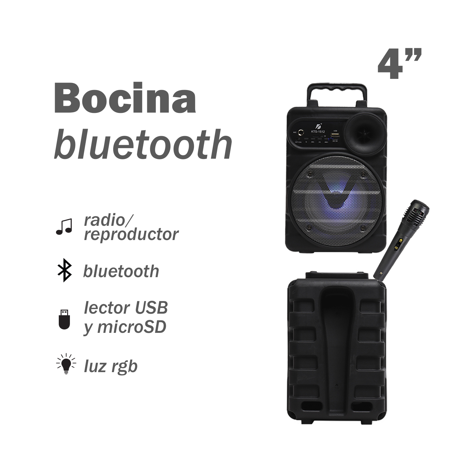 Bocina Bluetooth Portátil de 4" con Micrófono Link Bits KTS-1512
