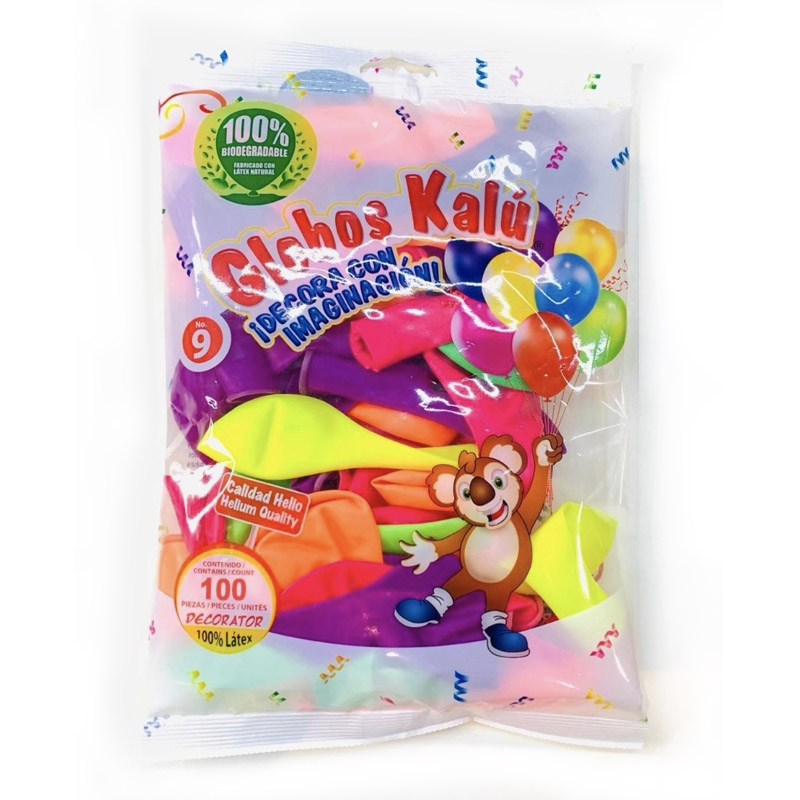 Globos Kalú 9", surtido neón, calidad Helio, 100 pzas.