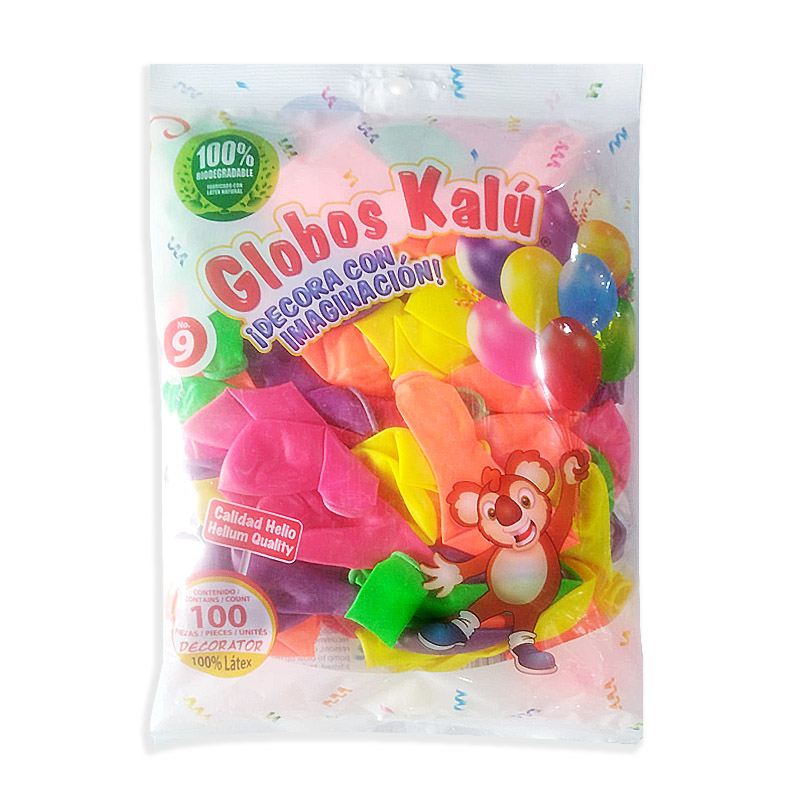 Globos Kalú 9", surtido neón, calidad Helio, 100 pzas.