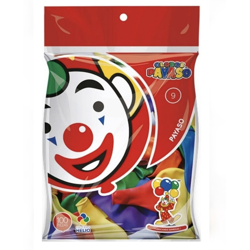 Globos Payaso 9", colores surtidos, calidad Helio, 100 pzas.