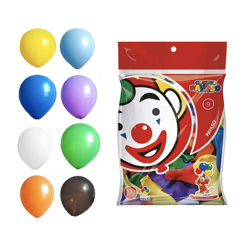 Globos Payaso 9", colores surtidos, calidad Helio, 100 pzas.