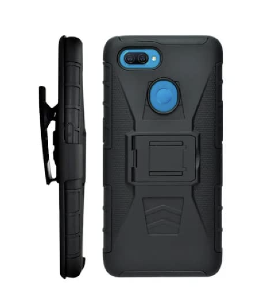 Funda Protector Uso Rudo con Clip más Mica de Cristal Gratis para OPPO A12 Color Negro