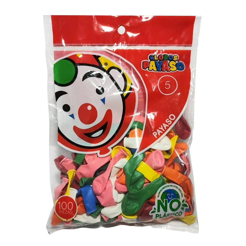 Globos Payaso 5", colores surtidos, calidad Helio, 100 pzas.