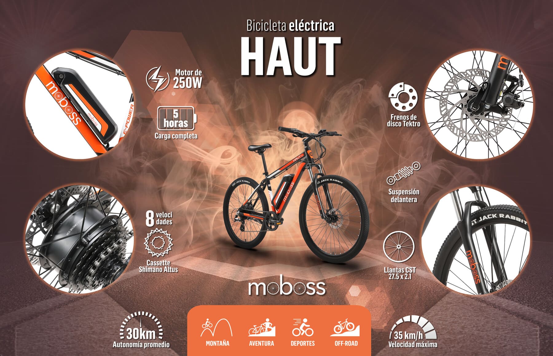 Bicicleta Eléctrica Montaña MTB Moboss Ebike Haut 250W 27.5