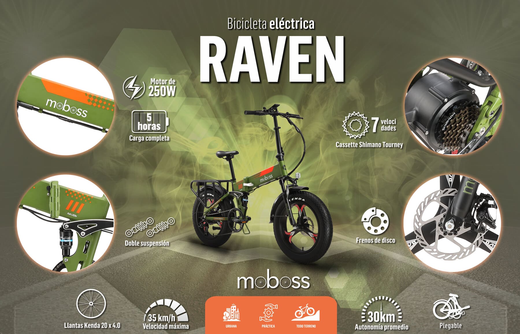 Bicicleta Eléctrica Plegable MTB Moboss Ebike Raven 250W 20"