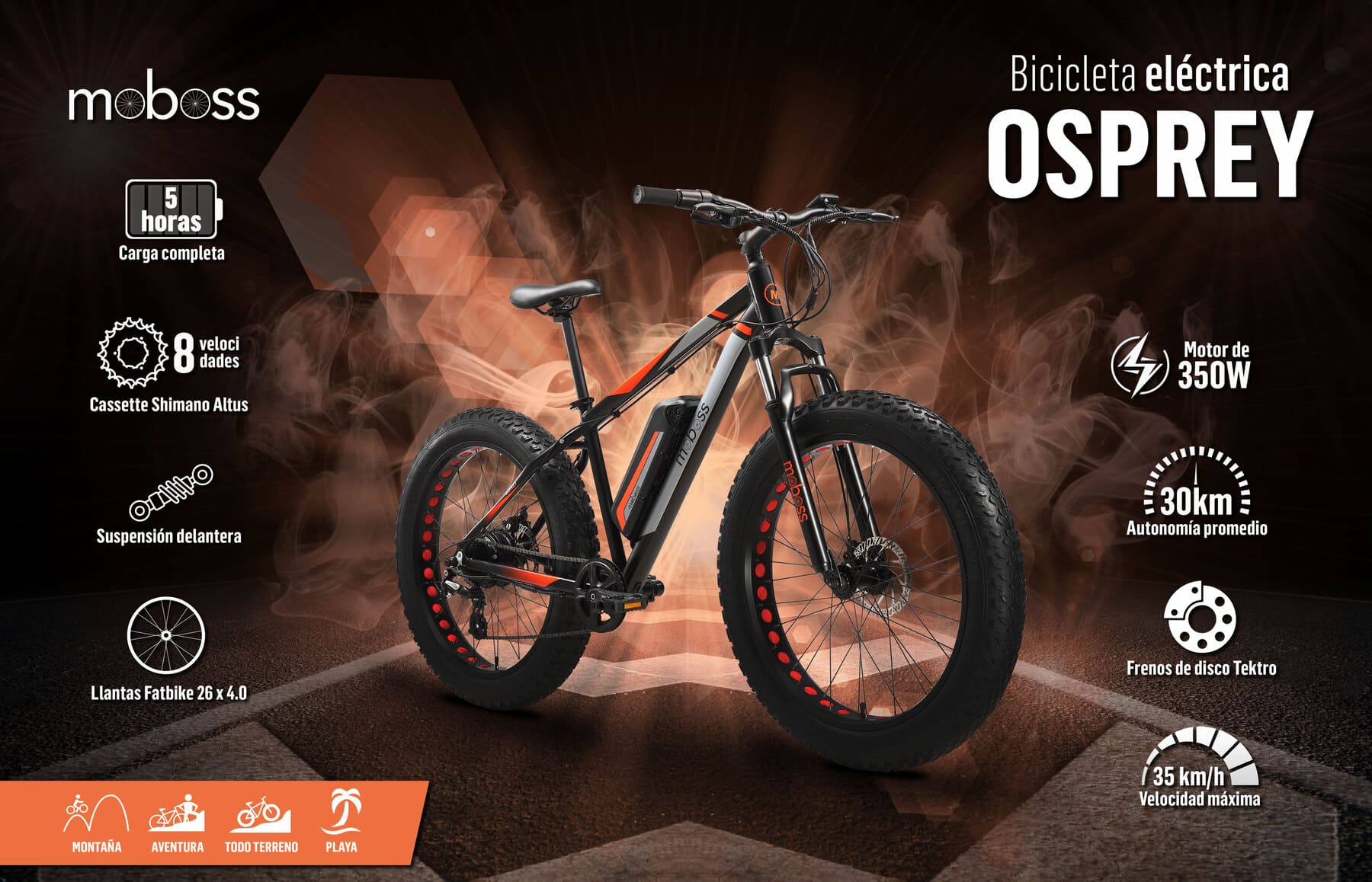 Bicicleta Eléctrica MTB Fatbike Moboss Ebike Osprey 350W 26"