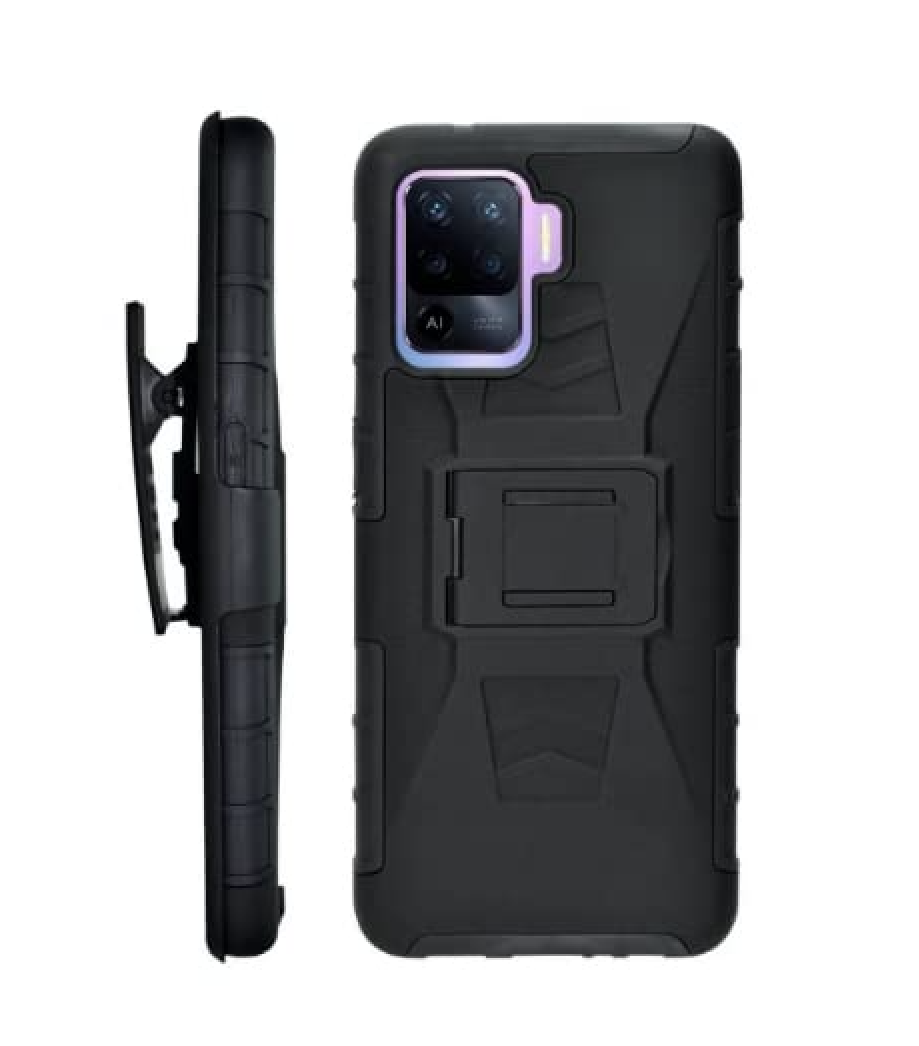 Funda Protector Uso Rudo con Clip más Mica de Cristal Gratis para OPPO Reno 5 Lite Color Negro