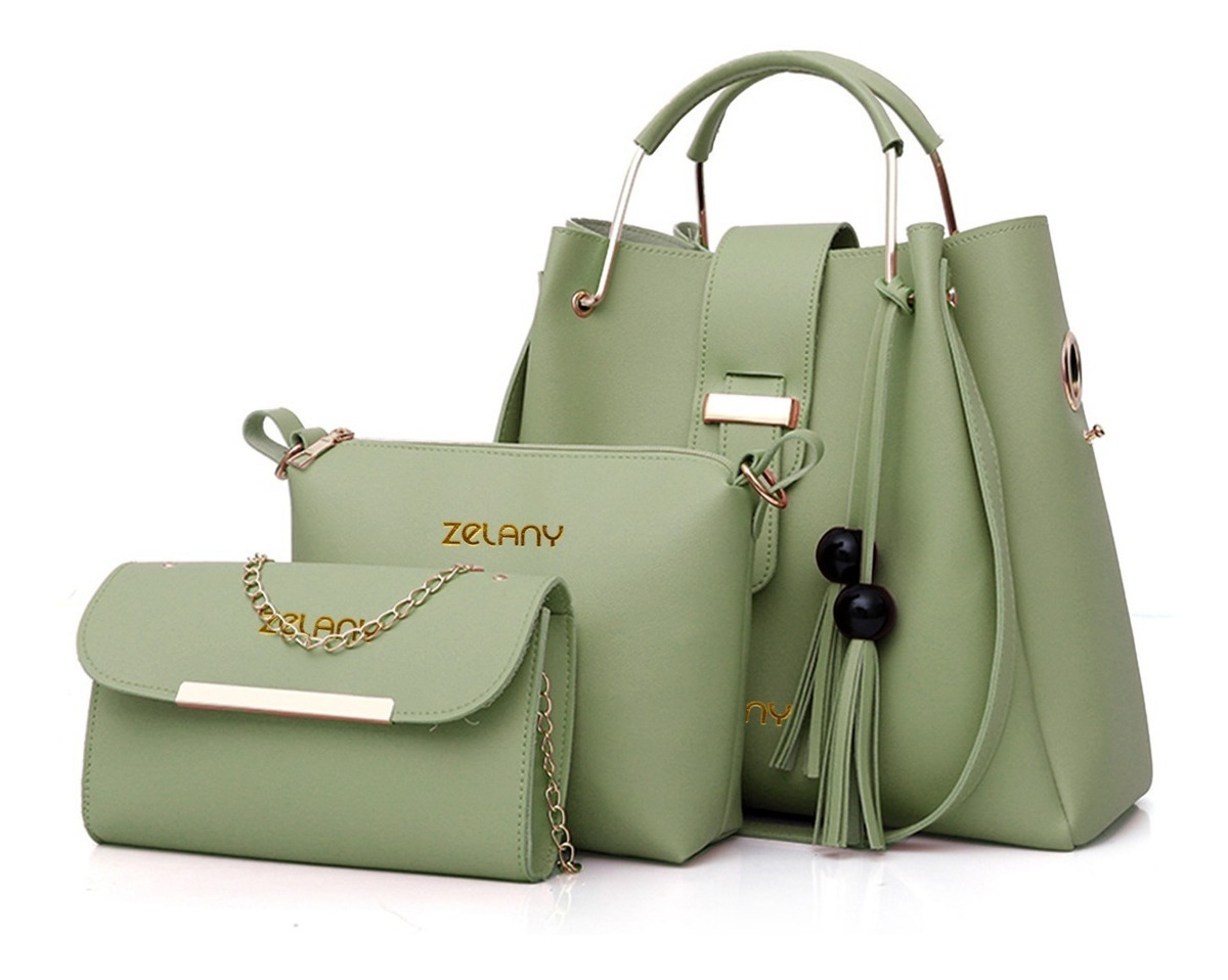 Set 3 Bolsas Bandolera Mujer Cosmetiquera Cartera Borla Logo VERDE CLARO