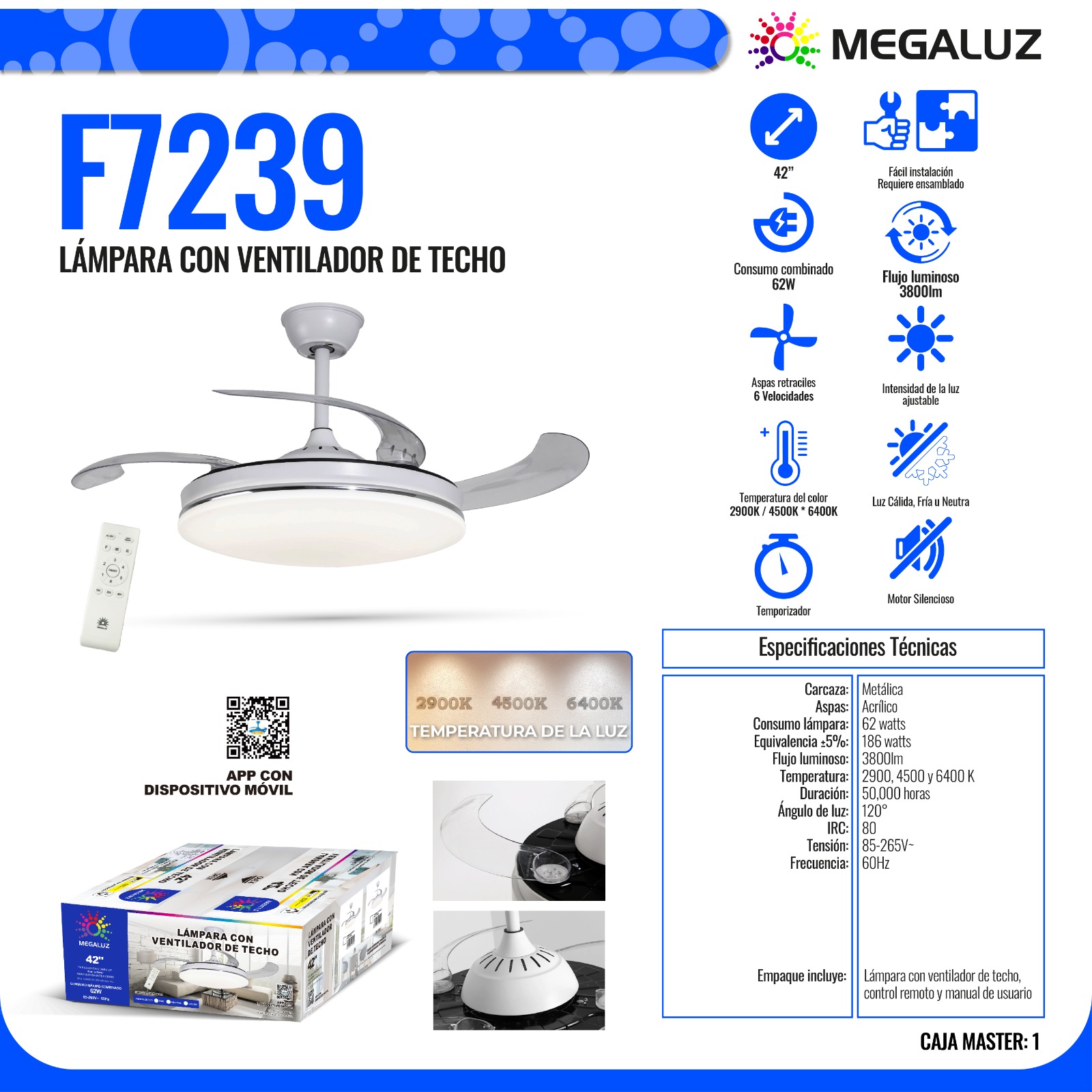 Ventilador de Techo con Lámpara LED de 42" Color Blanco Megaluz  F7239