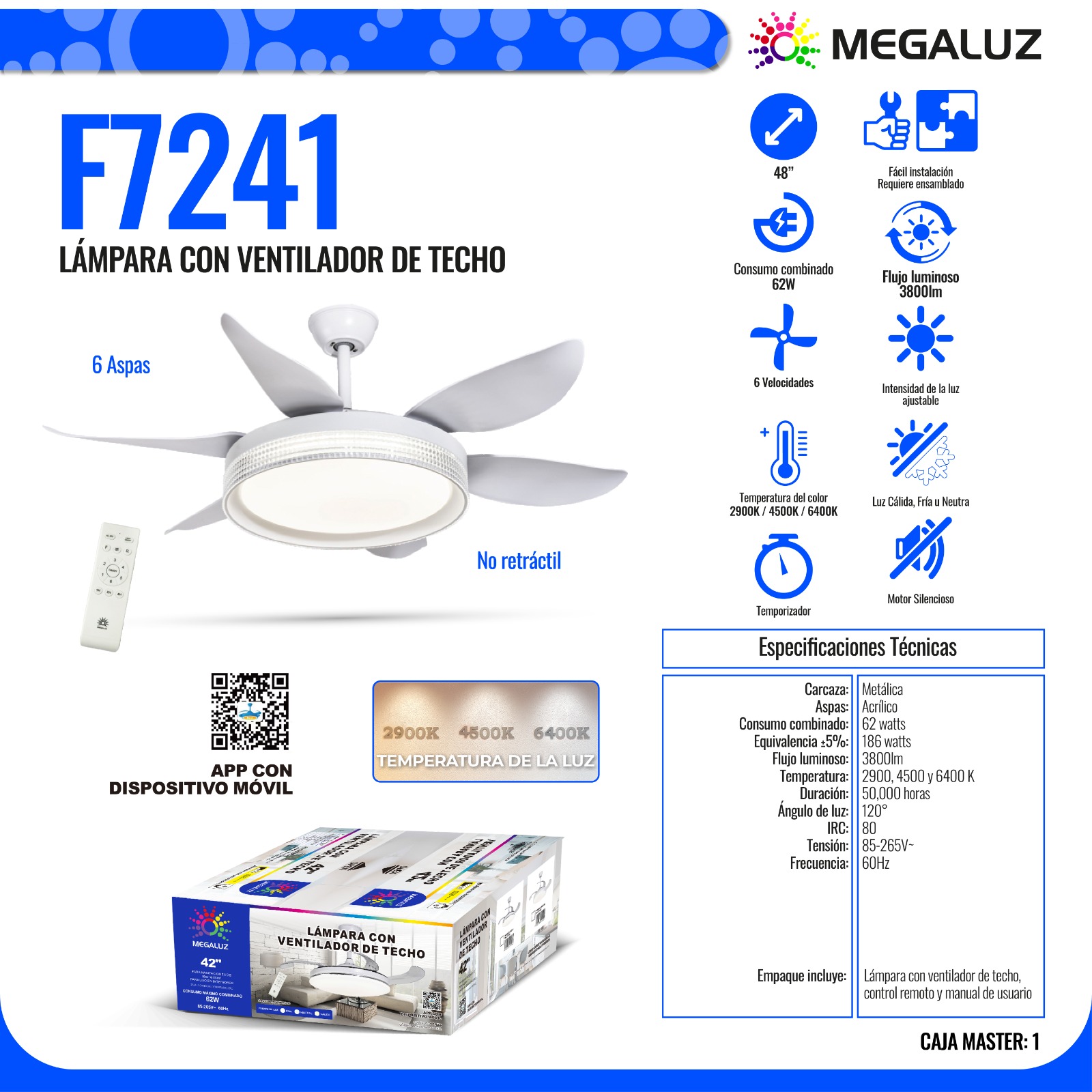 Ventilador de Techo con Lámpara LED de 42' Color Blanco Megaluz F7241