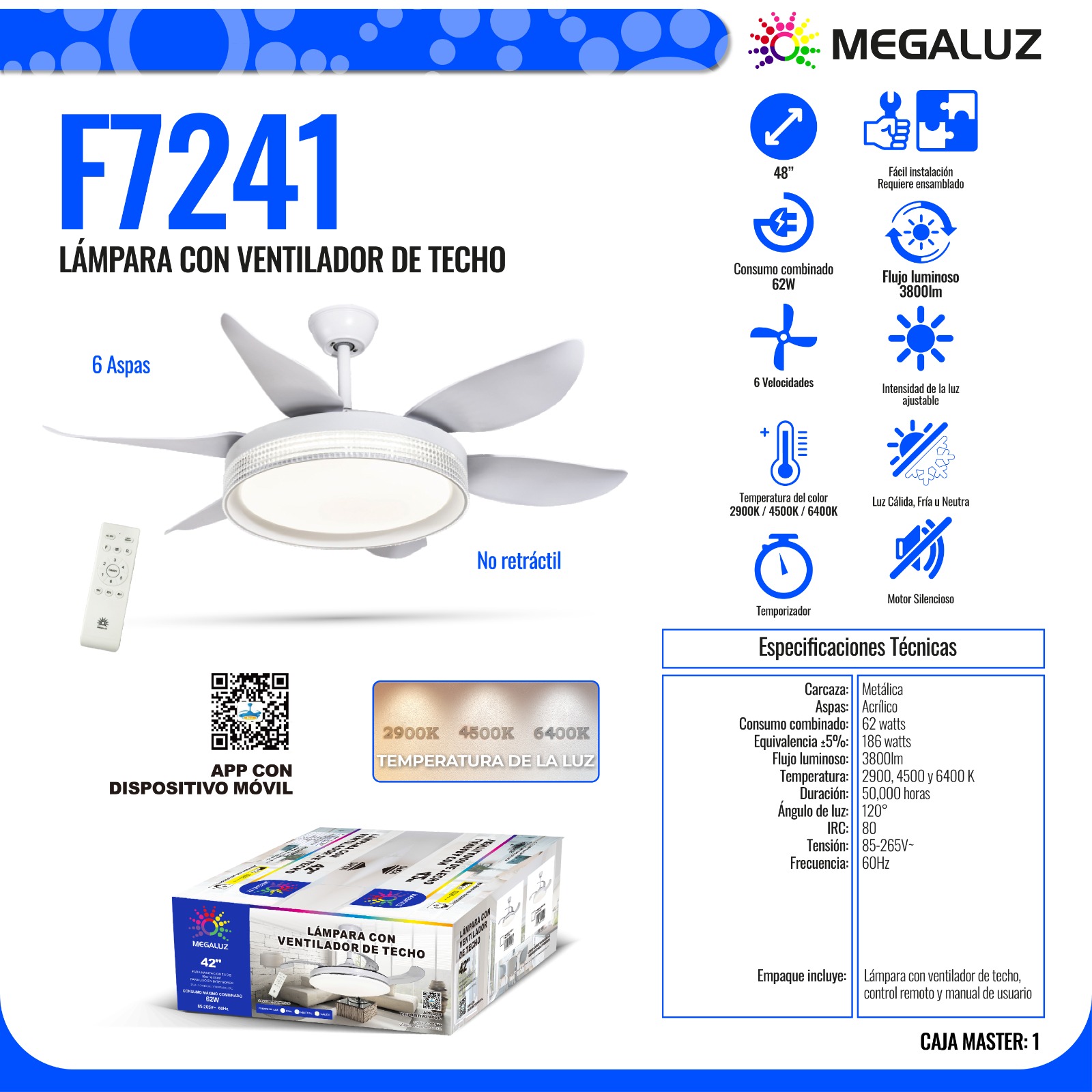 Ventilador de Techo con Lámpara LED de 42" Color Blanco Megaluz F7241