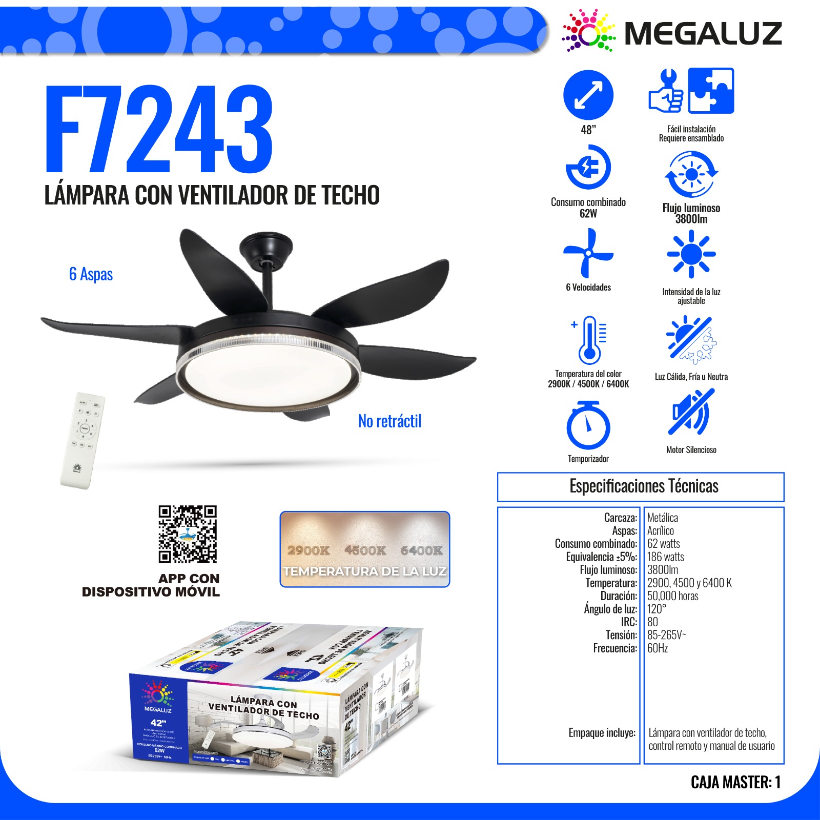 Ventilador de Techo con Lámpara LED de 42" Color Negro Megaluz F7243