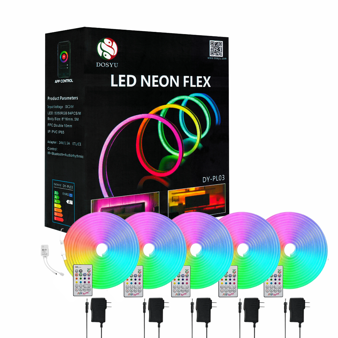 Pack de 5 tiras Leds Multicolor Neón Audio rítmica Con Control + App 5mts RGB DOSYU