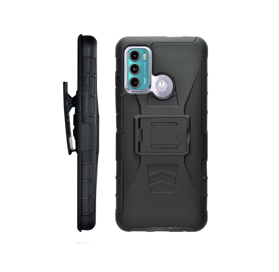 Funda Protector Uso Rudo con Clip más Mica de Cristal Gratis para Motorola G71 5G Color Negro.