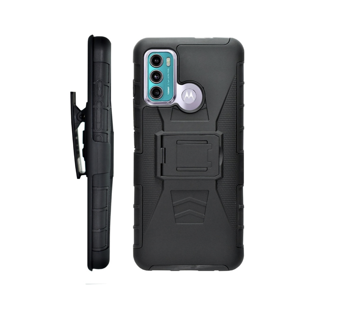 Funda Protector Uso Rudo con Clip más Mica de Cristal Gratis para Motorola G60s Color Negro