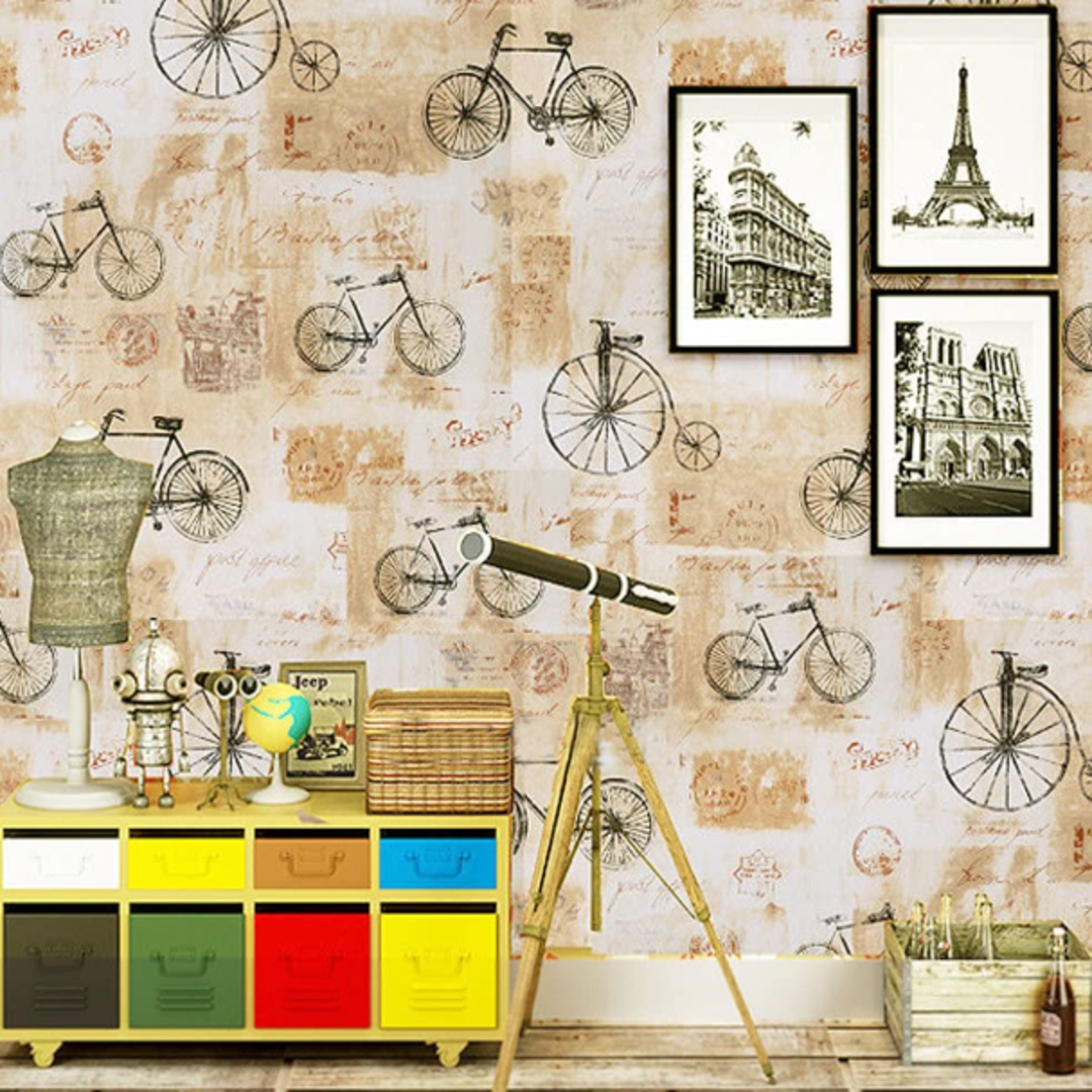 PAPEL TAPIZ VINÍLICO CON ADHESIVO MODERNO 10 METROS BICICLETA VINTAGE