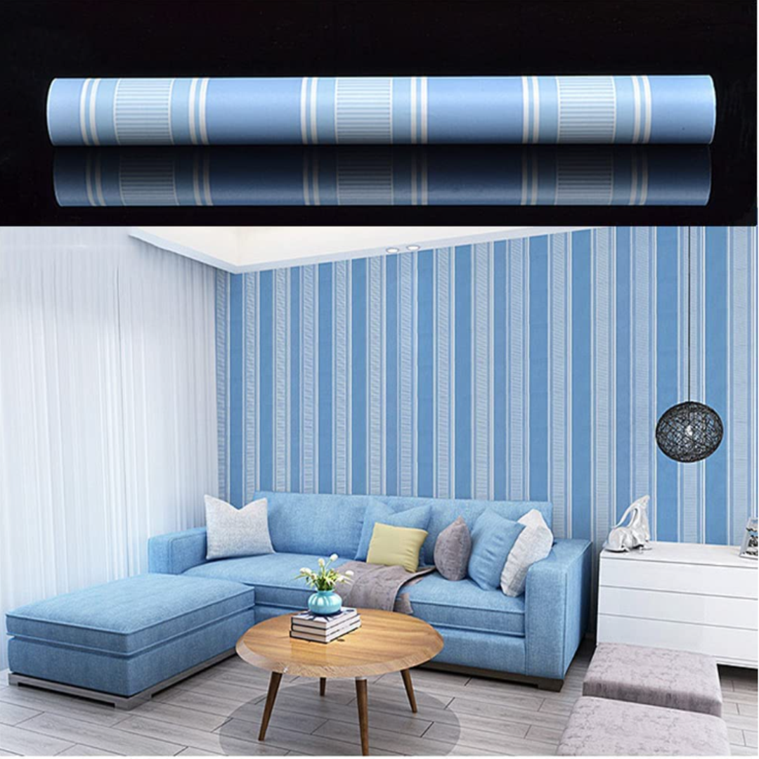 PAPEL TAPIZ VINÍLICO CON ADHESIVO MODERNO 10 METROS LINEA AZUL Y AZUL CLARO