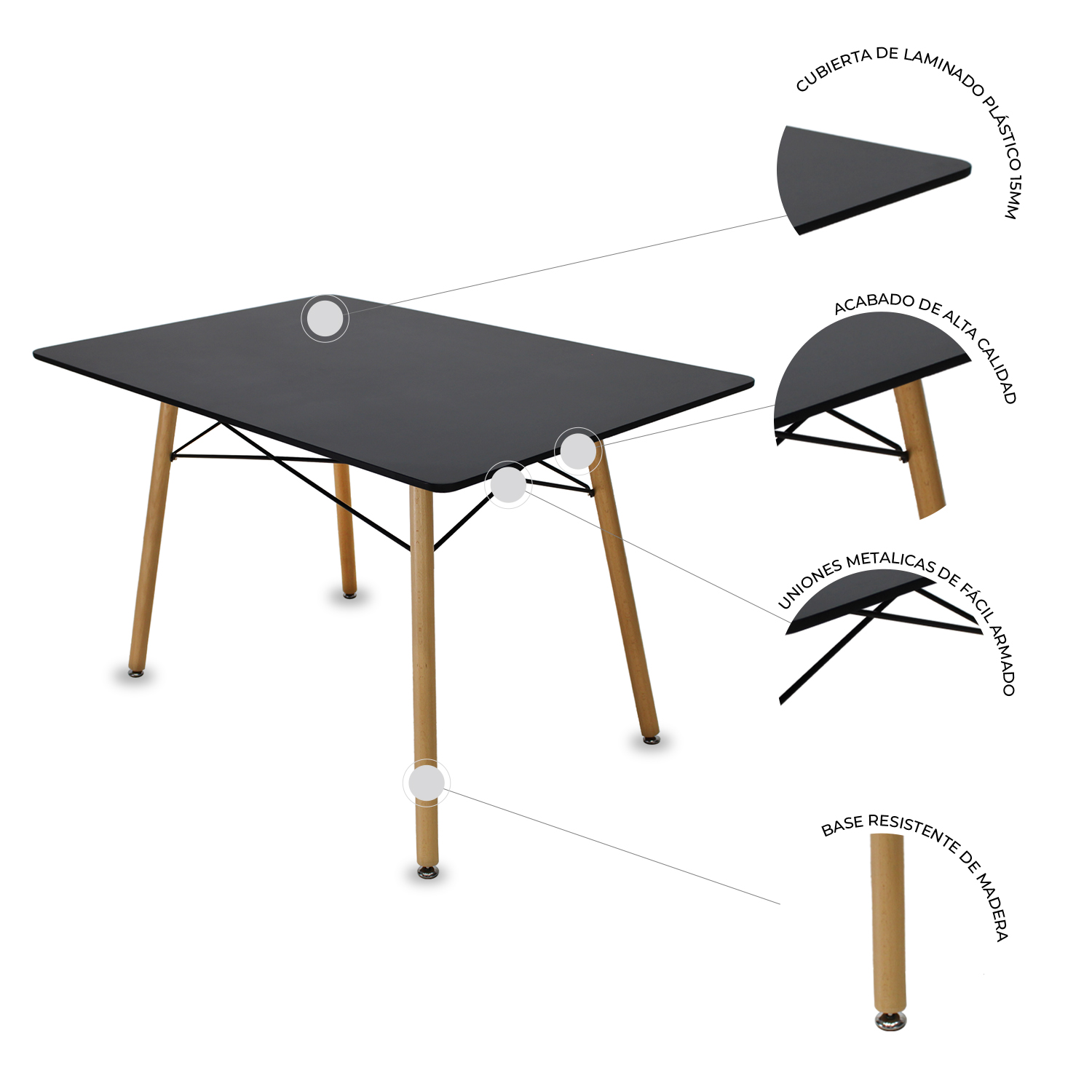 Mesa Comedor Rectangular 120 Eames Oslo Melamina Negro Mundo In