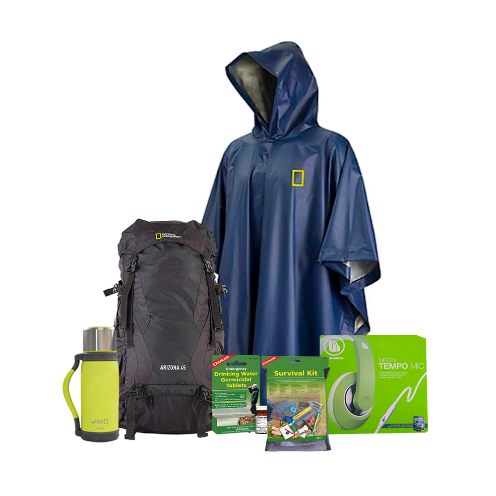 Mochila Natgeo/ Impermeable/ Termo/ Kit Emergencia/ Tabletas Purificadoras De Agua