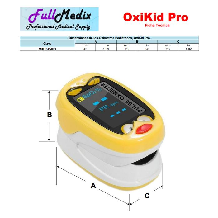 Oxímetro para bebes MXOKP-001-27 1Pza Amarillo Rango de Medición 70porciento -99porciento Spo2 30 a 240BPM mas menos 2BPM o mas menos 2porciento PR, OxiKid Pro