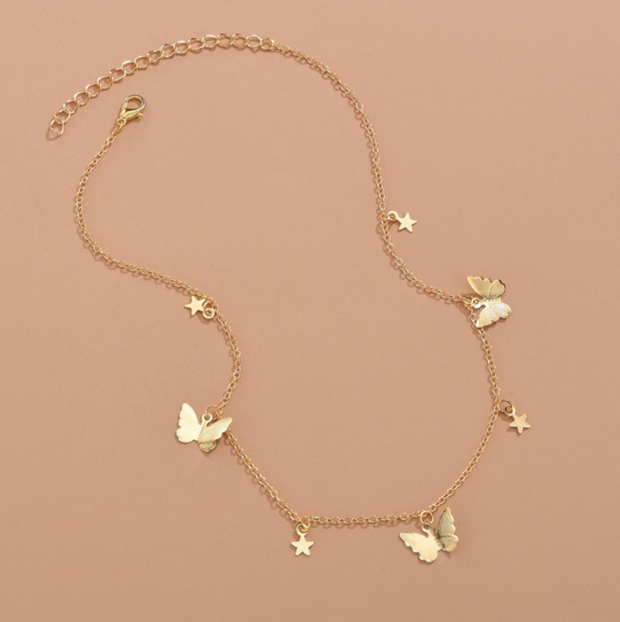 Collar Mariposas Estrellas Dorado Texto Acero Inoxidable 