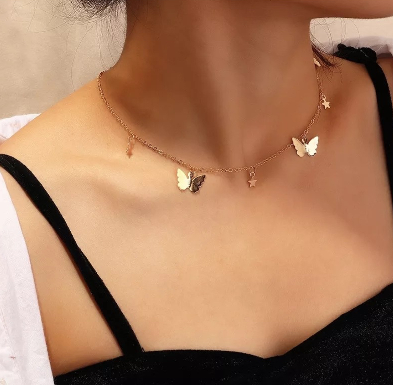 Collar Mariposas Estrellas Dorado Texto Acero Inoxidable 