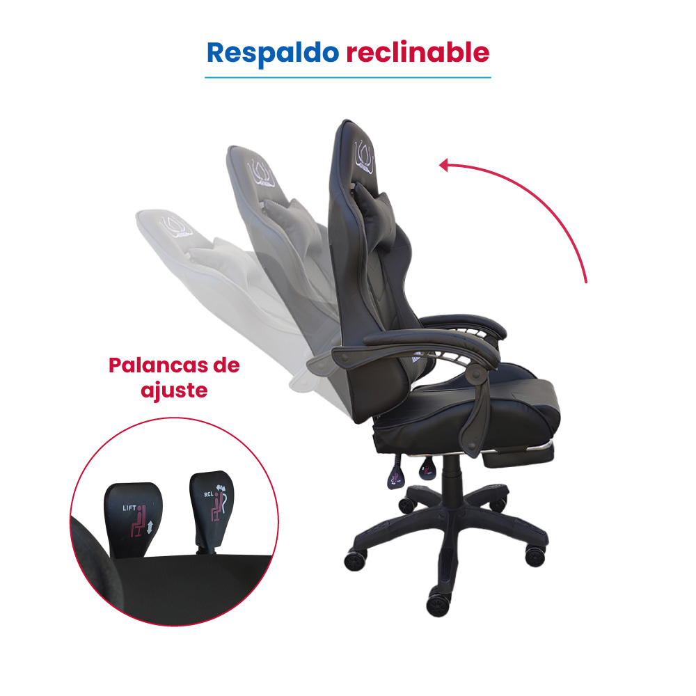 Silla Gamer Gaming Respaldo RECLINABLE DESCANSA PIES POSA PIES PC Oficina Estudio EJECUTIVA GIRATORIA 360 Grados COJIN Confort ERGONOMICO Youtuber Streamer