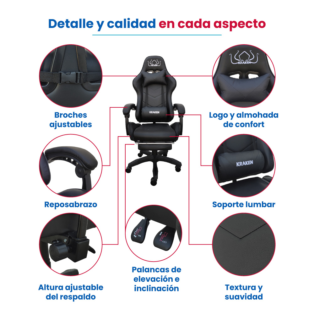 Silla Gamer Gaming Respaldo RECLINABLE DESCANSA PIES POSA PIES PC Oficina Estudio EJECUTIVA GIRATORIA 360 Grados COJIN Confort ERGONOMICO Youtuber Streamer