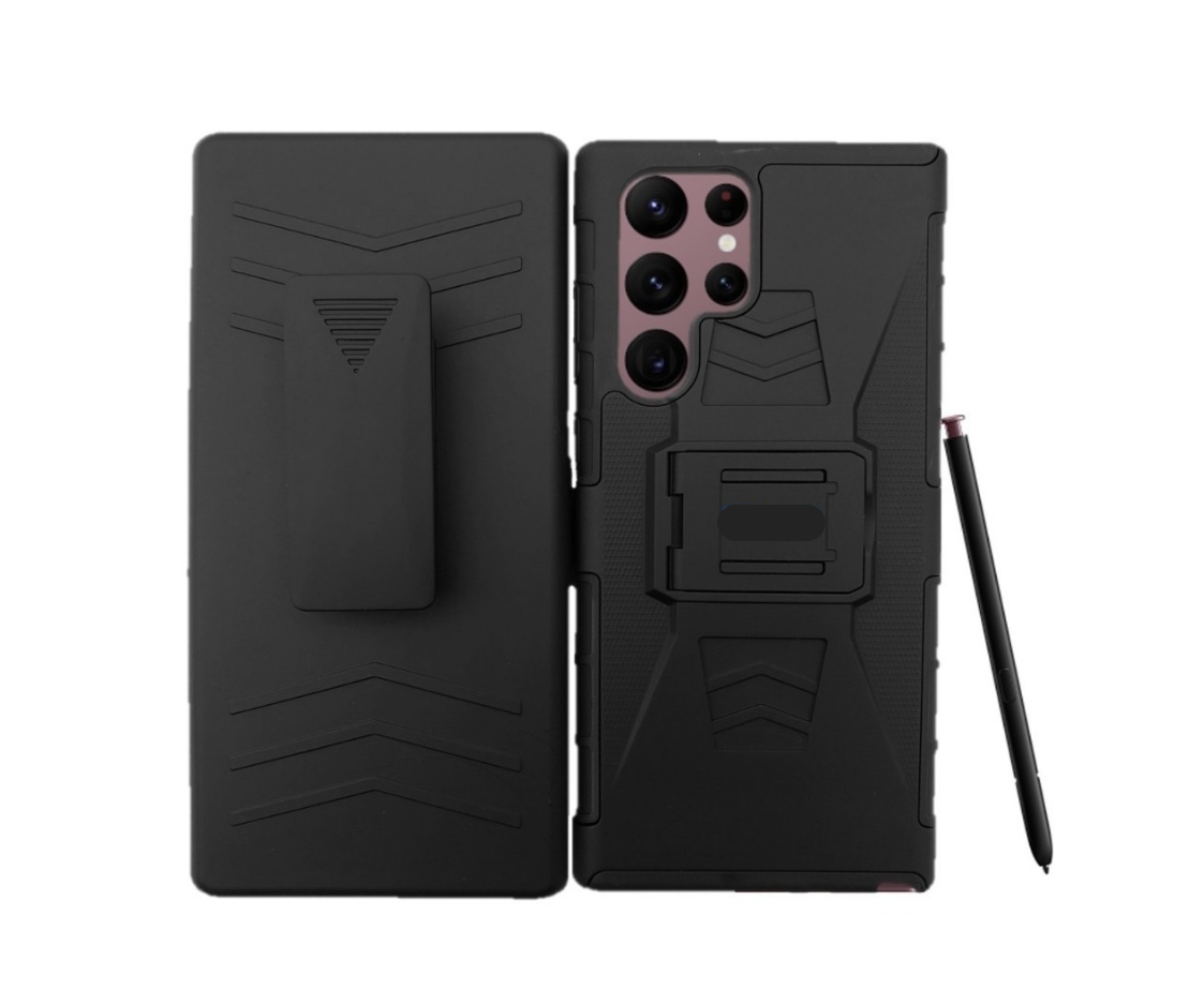 Funda Protector Uso Rudo con Clip más Mica de Cristal Gratis para Samsung S22 Ultra Color Negro