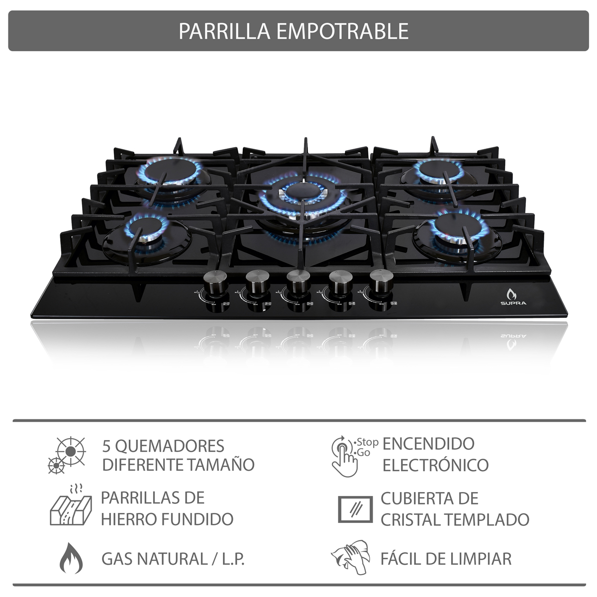Parrilla Empotrable A Gas Supra SENZA 76cm De Cristal 5 Quemadores