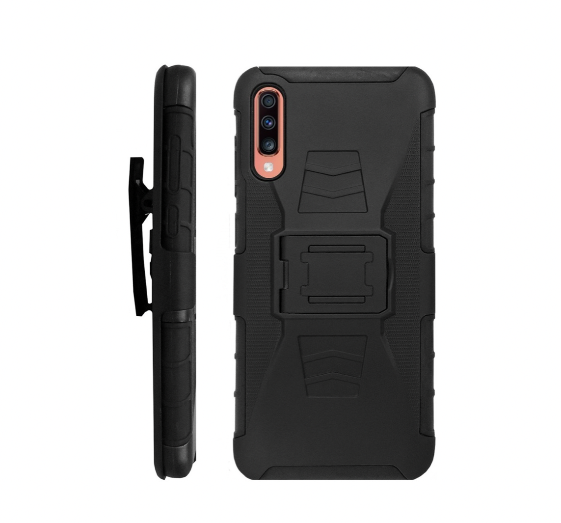 Funda Protector Uso Rudo con Clip más Mica de Cristal Gratis para Samsung A50 Color Negro.