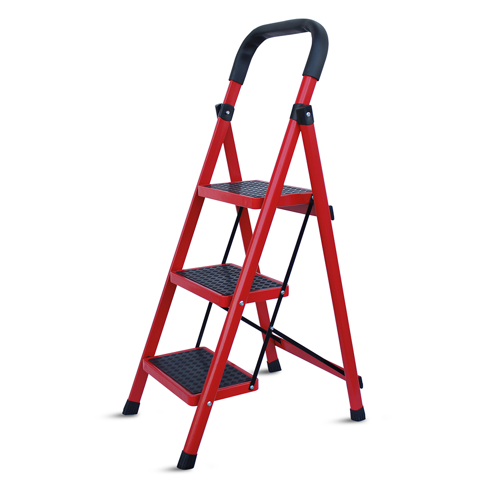 AGBOX Escalera 3 Peldaños Plegable Antiderrapante Roja AG-ESCA01R