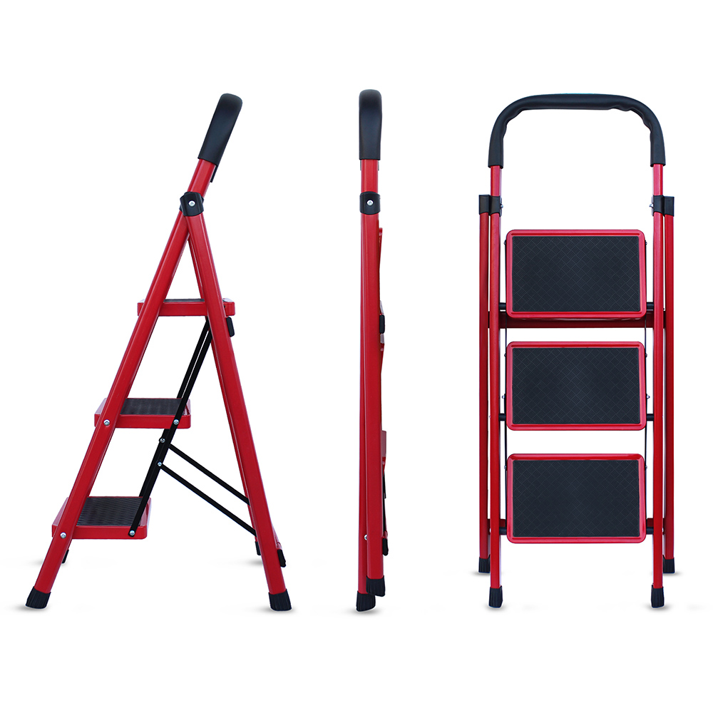 AGBOX Escalera 3 Peldaños Plegable Antiderrapante Roja AG-ESCA01R