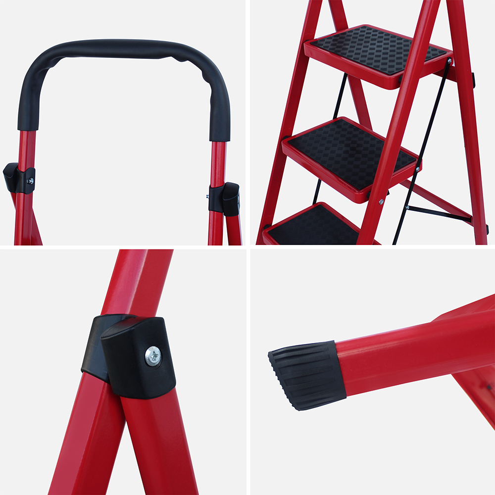 AGBOX Escalera 3 Peldaños Plegable Antiderrapante Roja AG-ESCA01R